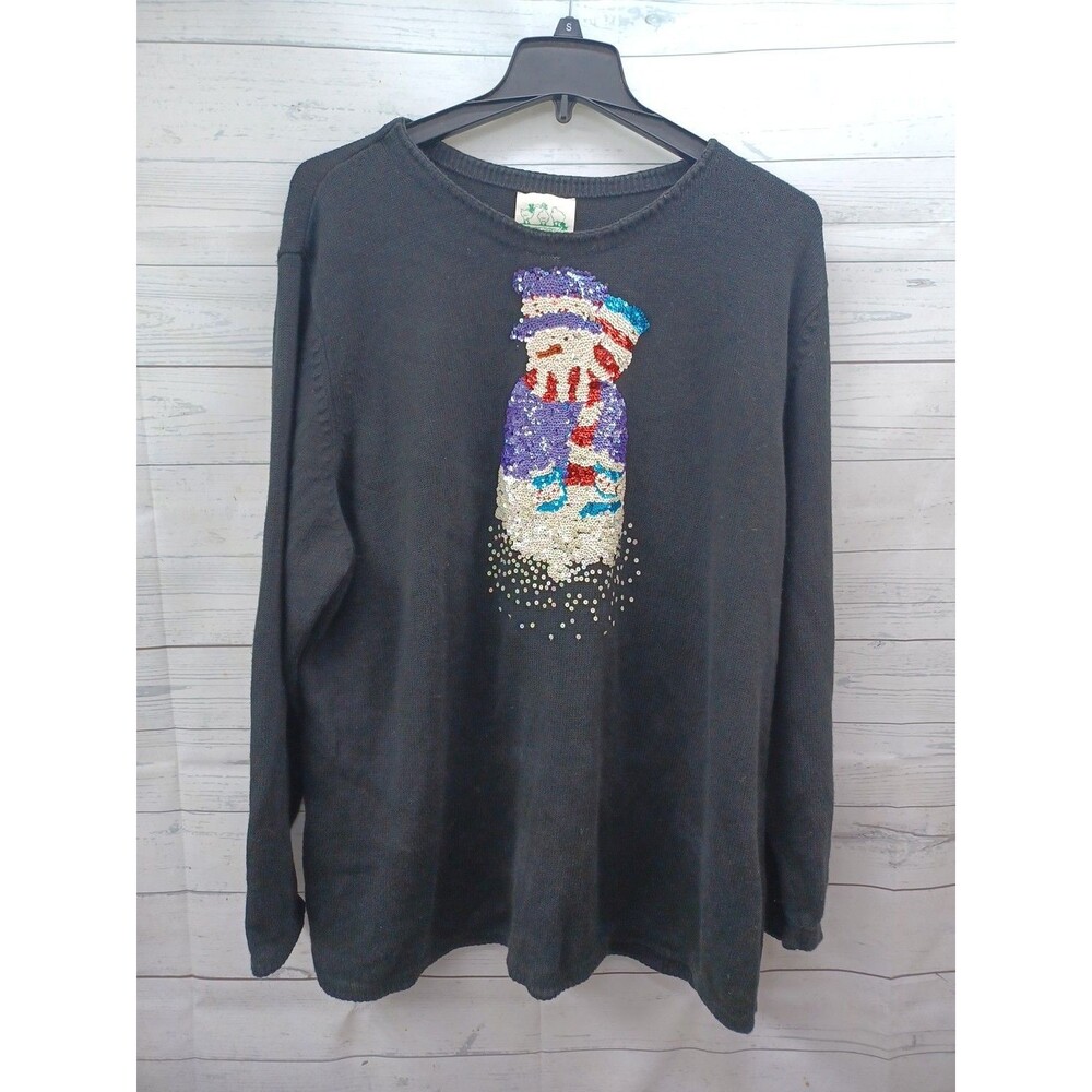 The Quacker Factory Christmas Black Sweater Snowman 3X Sequined